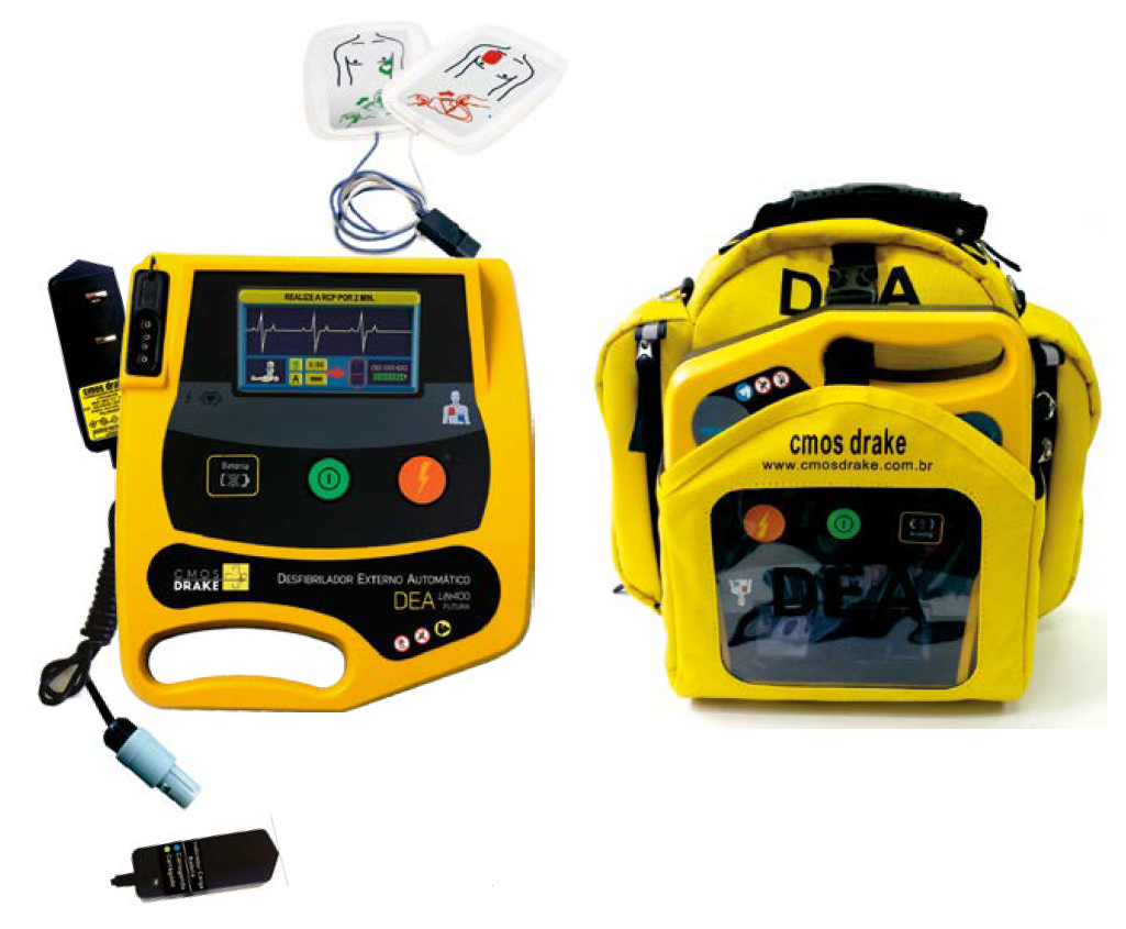 Desfibrilador Externo Automático (DEA) amarelo da marca CMOS Drake com eletrodos, carregador e bolsa de transporte. Equipamento portátil indicado para atendimento rápido em casos de parada cardiorrespiratória.