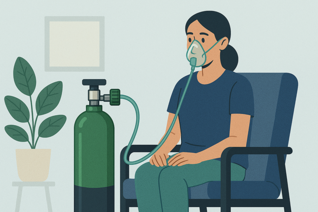 Ilustração de paciente utilizando oxigenoterapia domiciliar com cilindro de oxigênio e máscara facial, destacando o uso seguro do suporte respiratório em casa para tratamento de doenças pulmonares e insuficiência respiratória.