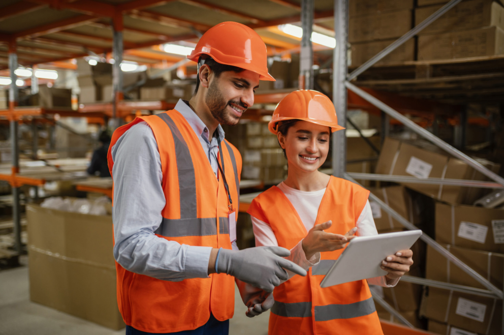 Trabalhadores com capacete e colete de segurança analisando dados em tablet dentro de armazém logístico com prateleiras e caixas.