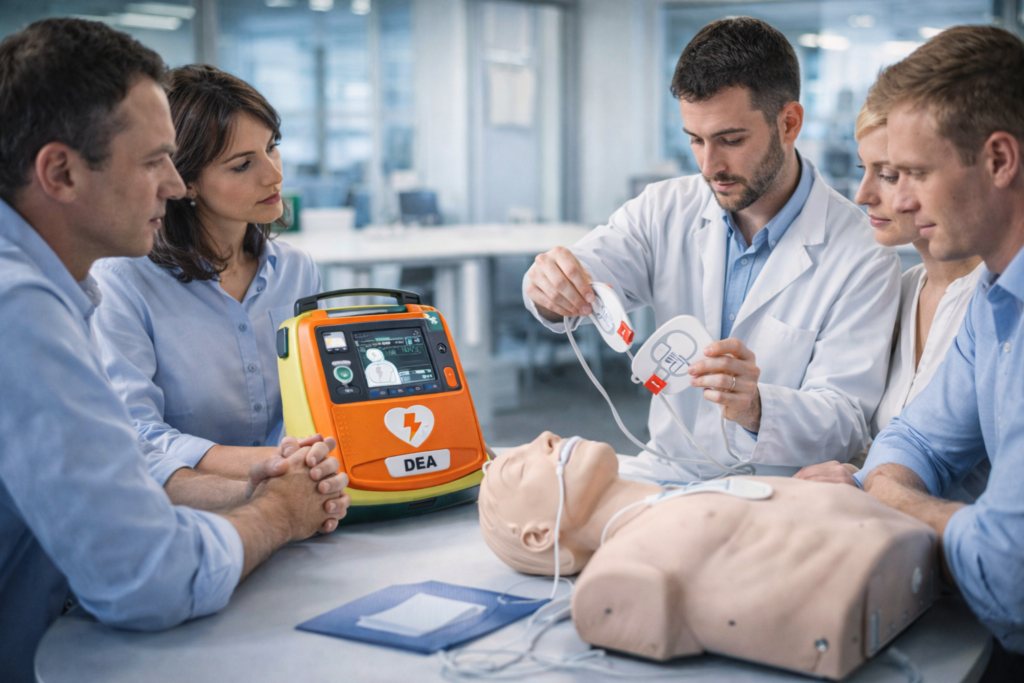 Profissionais participam de treinamento prático com DEA desfibrilador em manequim de simulação, aprendendo a posicionar eletrodos e utilizar o equipamento corretamente em casos de parada cardíaca em ambiente corporativo ou hospitalar.