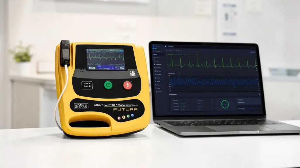 Notebook exibindo gráficos de ECG no software DEA CMOS Drake para análise de dados pós-atendimento.