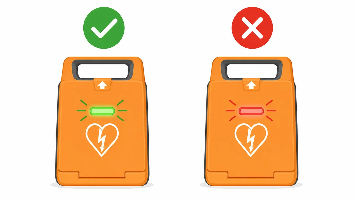 Sinalizações de autoteste do DEA BeneHeart C: Verde para aprovado, Vermelho para falha