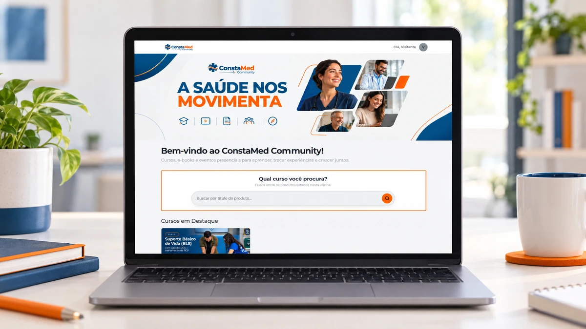 Página inicial pública da ConstaMed Community exibida em um notebook