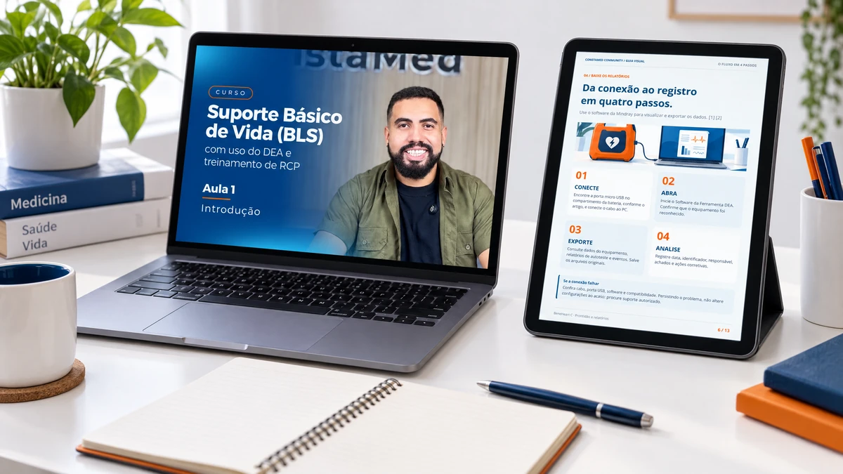 Notebook com a capa publicada da Aula1 e tablet com amostra pública do e-book Mindray para estudo em saúde