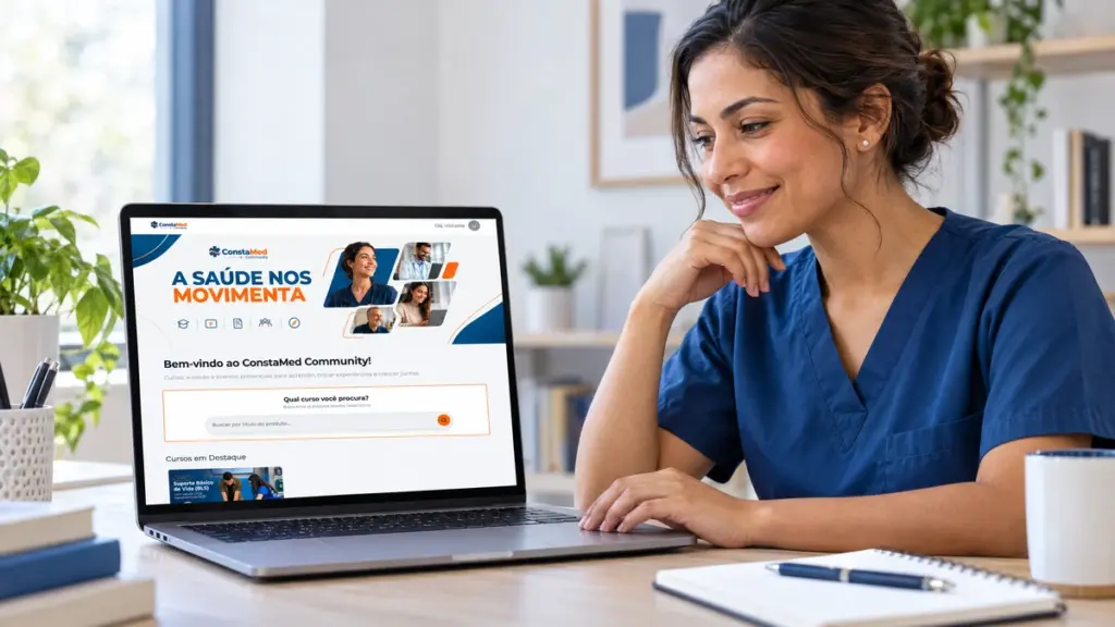 ConstaMed Community com profissional de saúde acessando cursos e materiais educativos